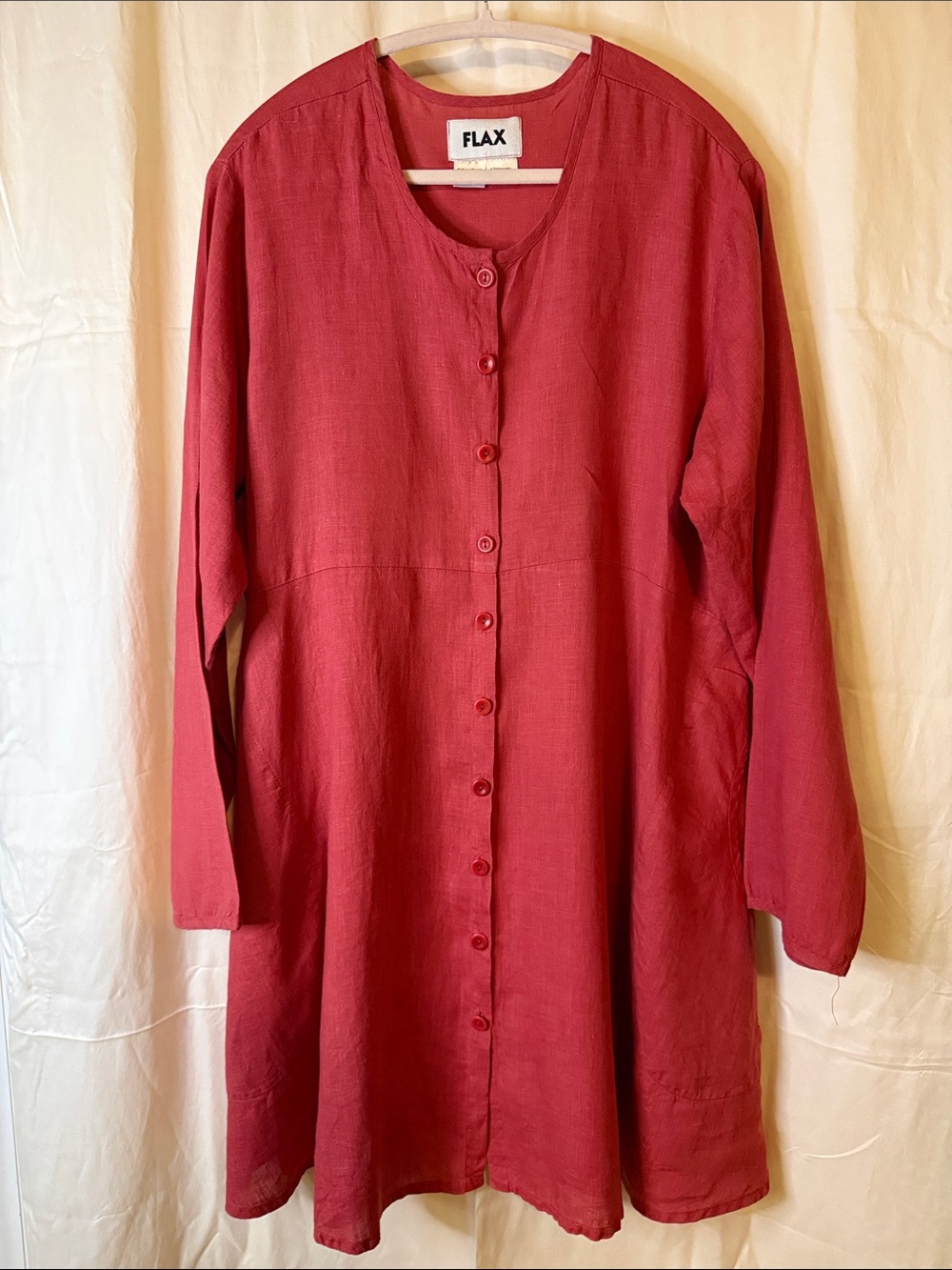Flax Linen Button-Front Dress in Rose Red